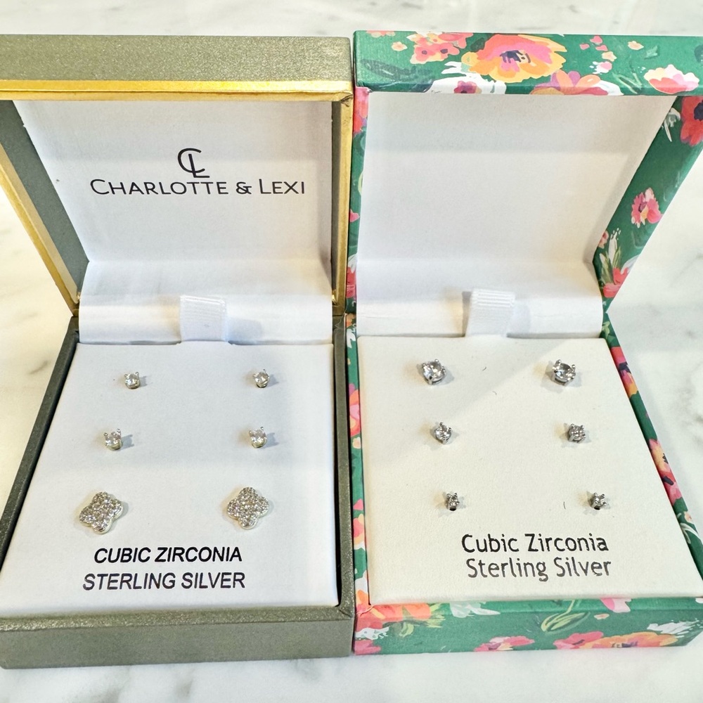 2 Box Sets of Stud Silver Cubic Zirconia Earrings (6 in total)